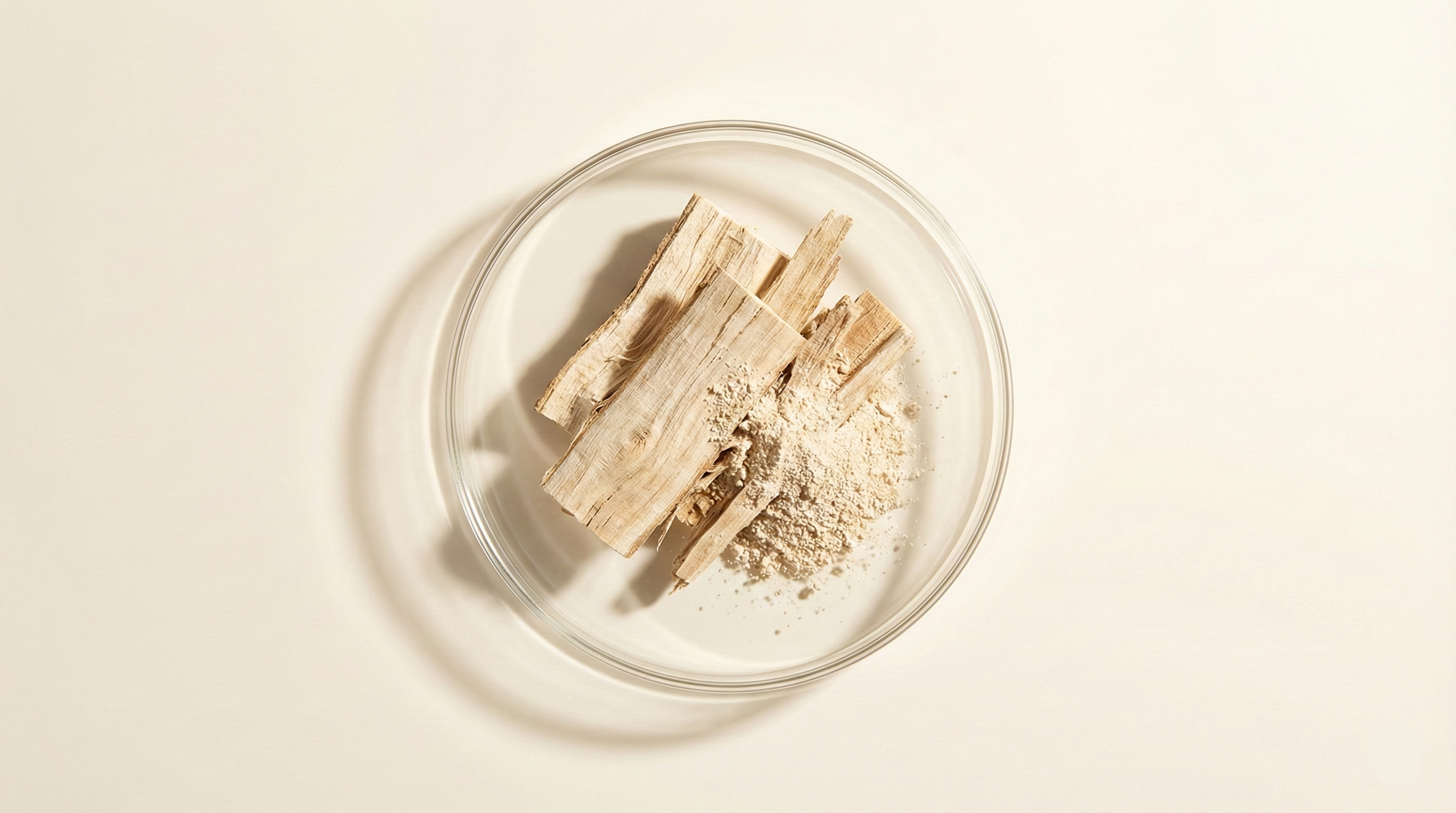 The natural botanical african whitewood materials are arranged centrally on a seamless, warm beige background.