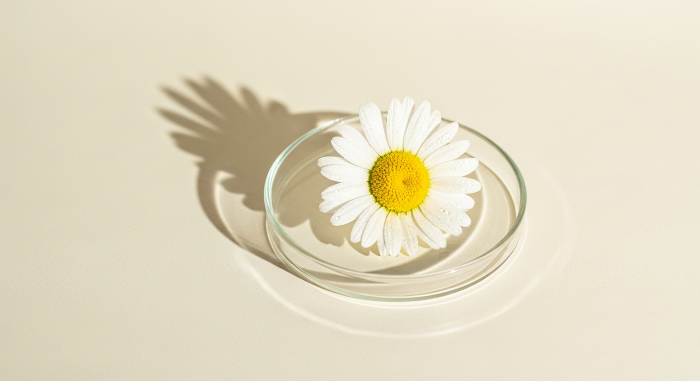 Natural bisabolol L-alpha liquid in glass dropper bottle with chamomile flowers on white surface