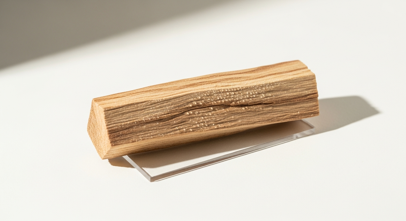 Pure Bulnesia Sarmientoi wood oil bottle placed on rustic timber with soft warm lighting