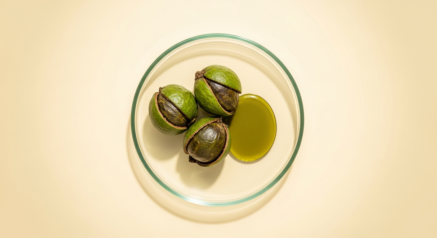 Golden Calophyllum Inophyllum Tamanu oil dropper bottle placed beside green leaves and raw nuts