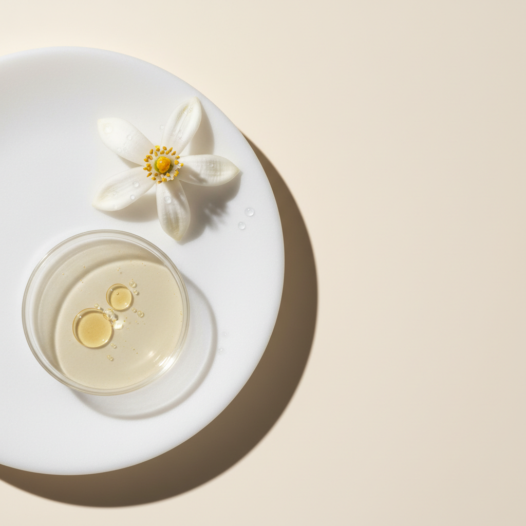 Vibrant bitter orange blossoms with a golden bottle of pure Citrus Aurantium Amara oil