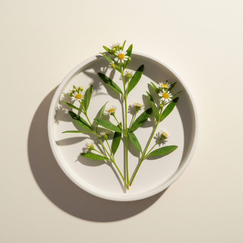 Vibrant Eclipta Prostrata extract in a bottle with fresh green Bhringraj