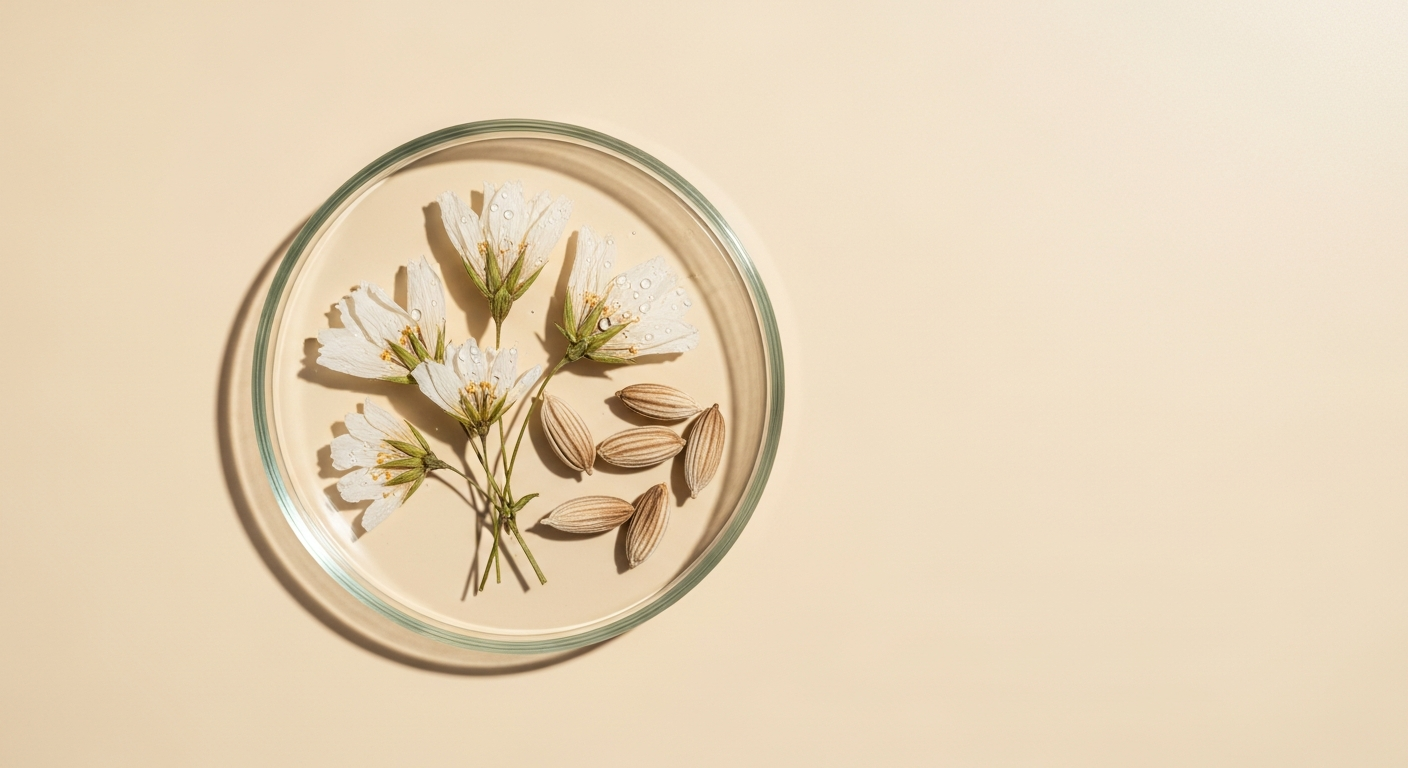 Rich, golden Meadowfoam Seed Oil in a glass dropper bottle surrounded by delicate white flowers