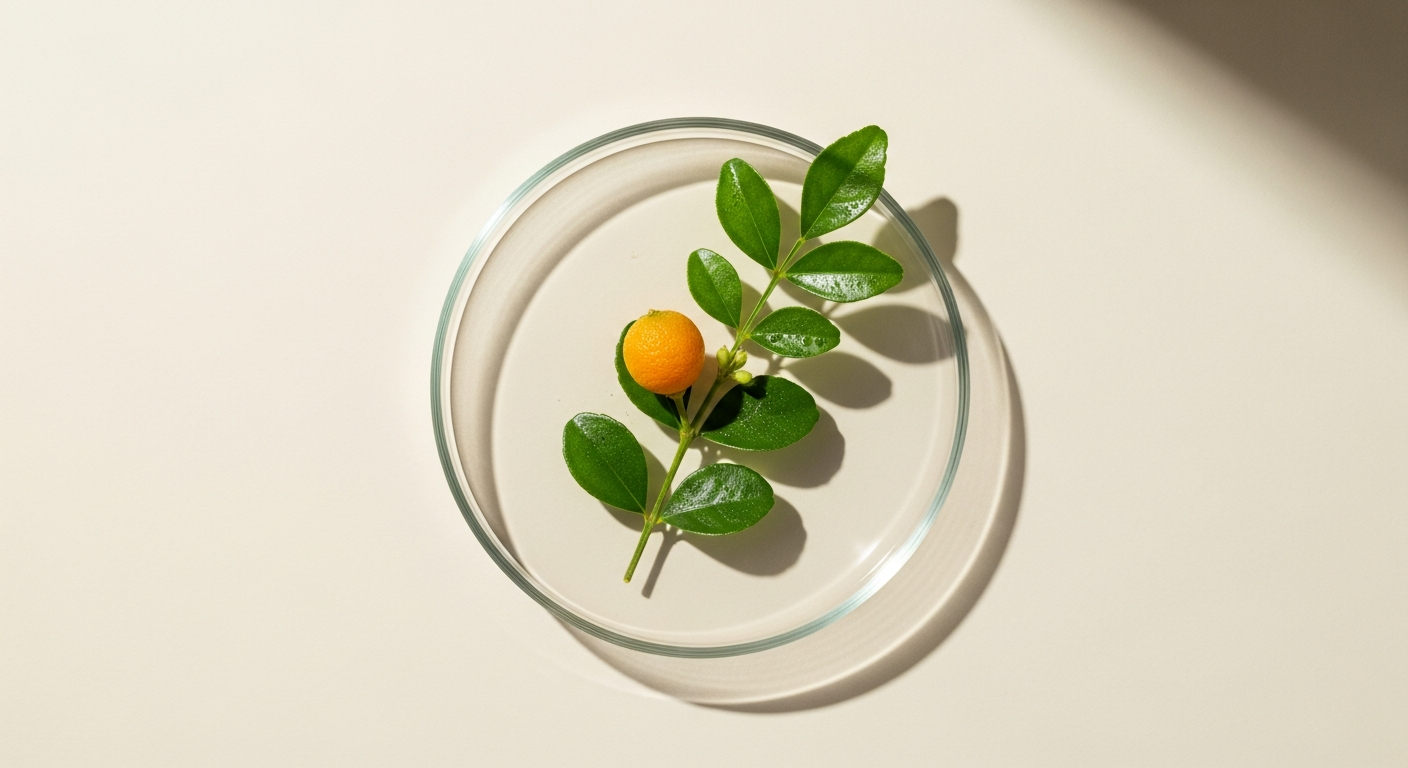 Fresh petitgrain essential oil with bitter orange leaves and twigs on a clean surface