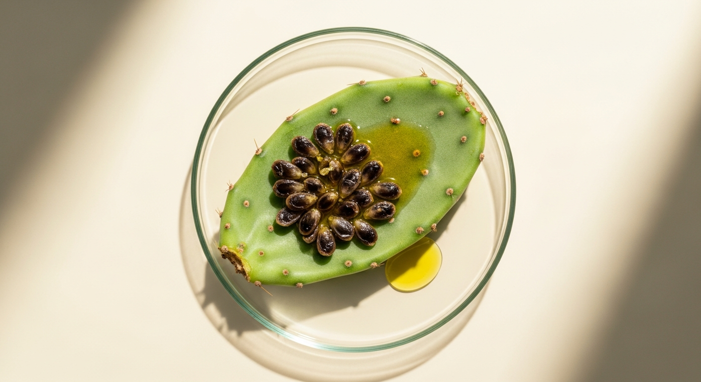 Pure prickly pear seed oil in a glass dropper bottle next to fresh cactus fruit