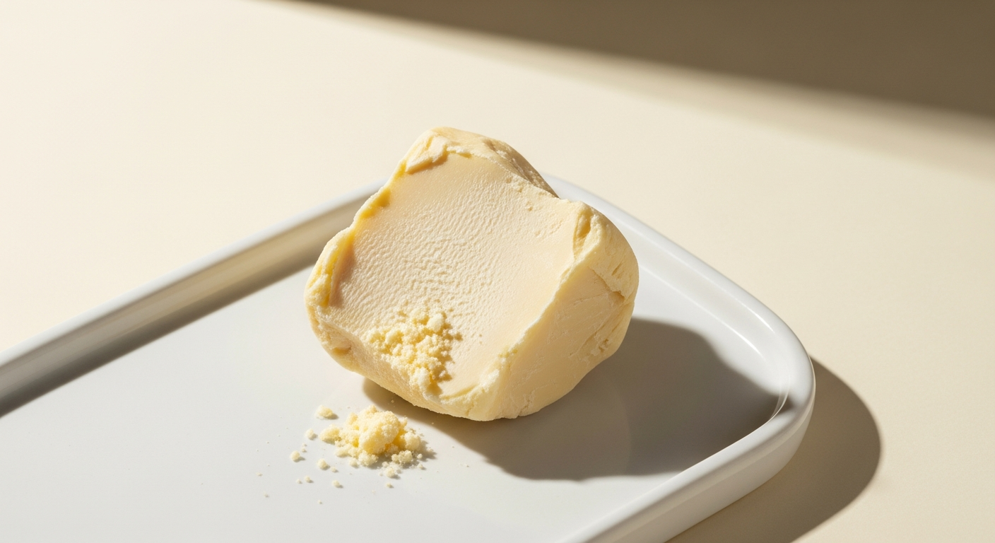 Rich, creamy, unrefined shea butter in a wooden bowl next to natural shea nuts