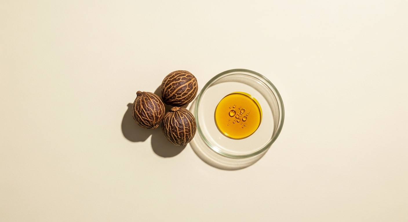 Pure, dark green Tamanu oil in a glass dropper bottle next to Tamanu nuts