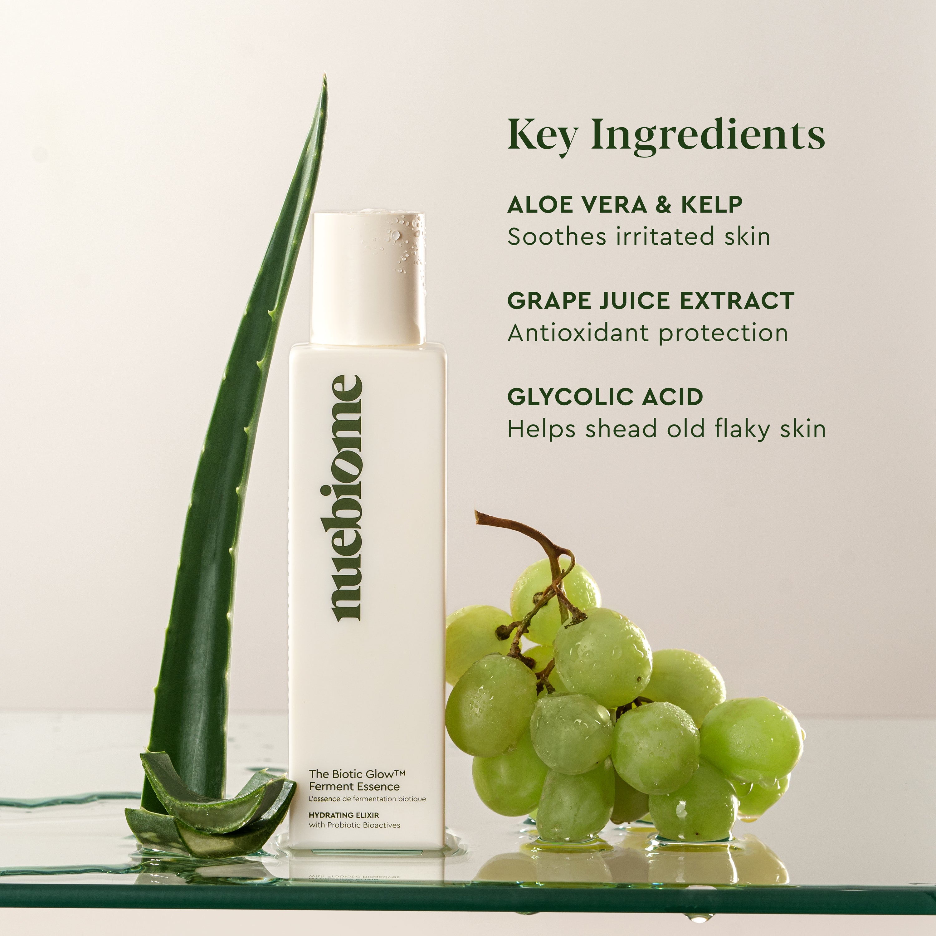 nuebiome face essence formulated with plant based ingredients, grape, aloe vera and glycolic acid